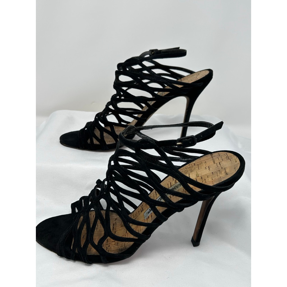 Manolo Blahnik Black Strappy Suede High Heel Sandals